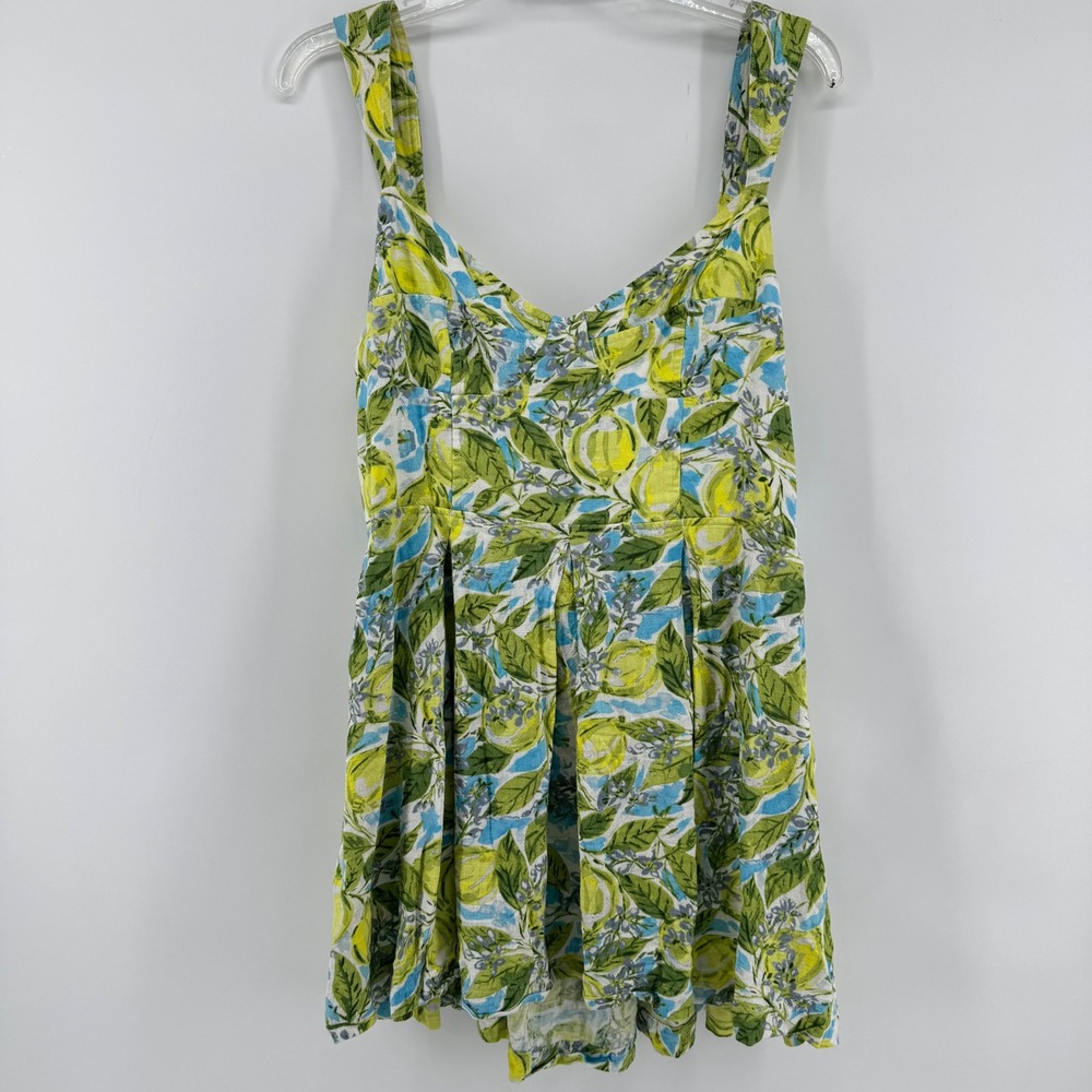 Aqua Lemon Floral Mini Dress Women XL Yellow Green Linen Corset Top Lace Up Back